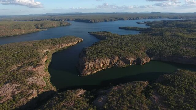 Aerial view of Xing&oacute; C&acirc;nions, formed by the flooding of the Talhado Canyon by waters from the reservoir of the Xing&oacute; Hydroelectric Plant, S&atilde;o Francisco River - Delmiro Gouveia, Alagoas, Brazil