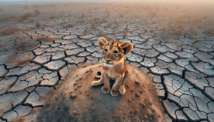 Lion cub on a parched earth - A curious lion cub sits upon dry cracked earth, symbolizing nature's vulnerability and innocence