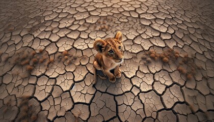 Lonely Lion Cub on Cracked Earth - A lonely lion cub sitting on the cracked, parched earth in...