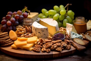 Elegant cheese platter with assorted fruits, nuts, and crackers.