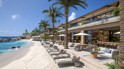 Fototapeta premium Beachfront Lounge Chairs and Palm Trees at a Modern Resort