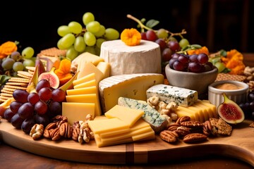 Elegant cheese platter with assorted fruits, nuts, and crackers.