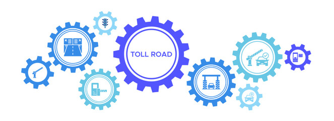 Toll road web banner icon with turnpike, gate, station, payment, traffic light, GPS, and checkpoint icons.