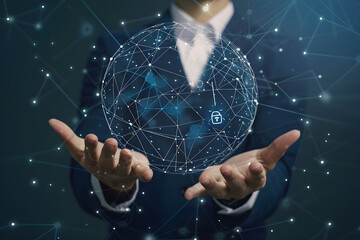 Businessman is engaged global network with analyzing technological data, data security, network connection on Interface background
