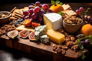 Elegant cheese platter with assorted fruits, nuts, and crackers.