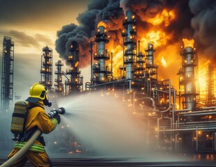 Industrial plant emergency firefighting - Depiction of a firefighter in action at a blazing industrial plant, highlighting emergency response and danger