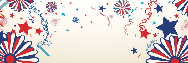 Fototapeta premium Red, White and Blue Flowers, Stars and Spiral Confetti on a Banner for the Independence Day, AI Generated