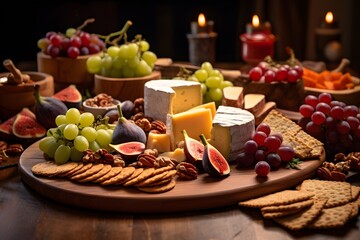 Elegant cheese platter with assorted fruits, nuts, and crackers.
