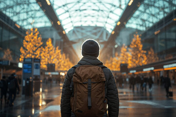 Obraz premium A man wearing a brown backpack is standing in a busy city street