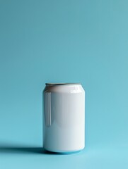 An isolated white can against a gradient blue background, providing a perfect neutral base for graphic overlays or artistic illustrations