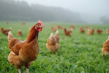 Chickens Roaming Free Range, Happy chickens pecking at the ground in a spacious open field