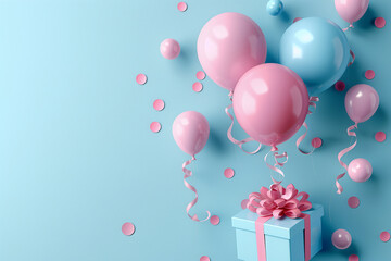 Balloons and gift boxes over blue background. Birthday and babyshower concept.