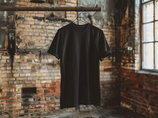 Naklejka premium High resolution mockup of a plain black t shirt hanging from an industrial metal hook in a loft, with space for text and logo overlay, perfect for fashion design showcases