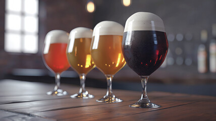 Four glasses of different types of beer on wooden table. Variety of beers with frothy heads in cozy pub setting