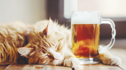 Orange cat sleeping next to mug of beer on wooden table. Cozy indoor scene with relaxed feline and frothy beverage