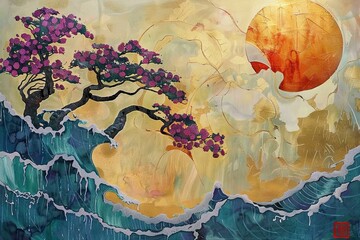 Wave Ukiyo-e painting, whimsical abstract landscapes romantic, dreamy, elegant 