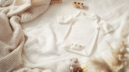White baby onesie on soft bed with cozy blankets and wooden toys. Warm and inviting setting ideal for mockup and branding