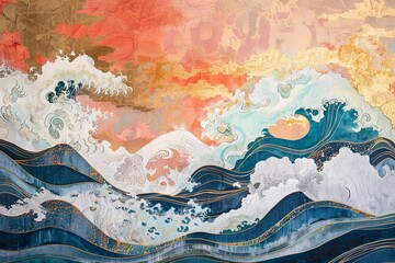 Wave Ukiyo-e painting, whimsical abstract landscapes romantic, dreamy, elegant 