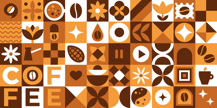 Pattern with coffee abstract geometric shapes in brown color. Bauhaus geometric shapes in tiles seamless pattern. Geometric coffee beans pattern.