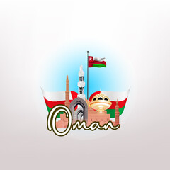 Obraz premium Vector illustration Oman National Day Celebration with flag in Oman national day 18 th November, Oman Land mark, Oman monument, city scape