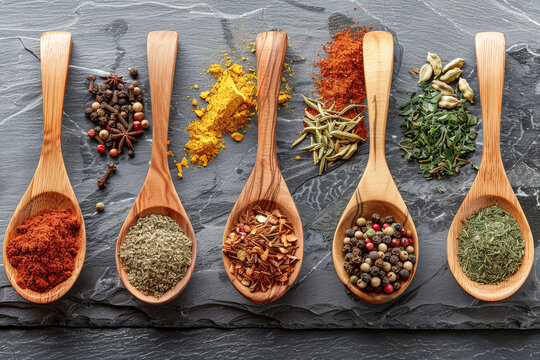 A row of wooden spoons with various spices on them.