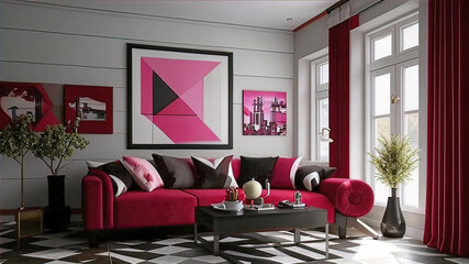 traditional interior with a modern touch, a large living room in a black and white palette, soft sofas with pillows, paintings on the walls,	

