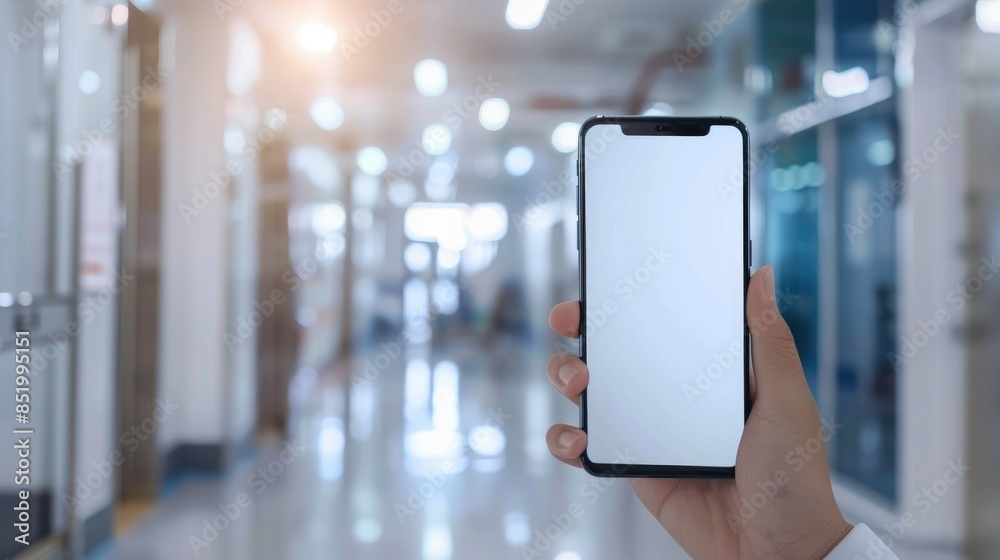 Wall mural man s hand holding smartphone in hospital with blurred background and empty screen