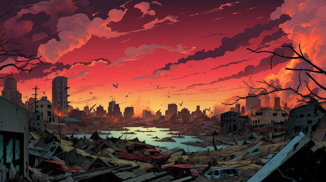 a comic book style background image of a post apocalyptic city landscape. Red sky, destroyed city, dystopian