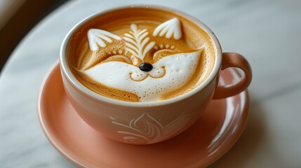 Detailed Fox Face Latte Art in Pastel-Colored Cup and Saucer