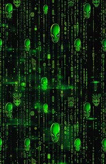 A green alien head with a matrix background.