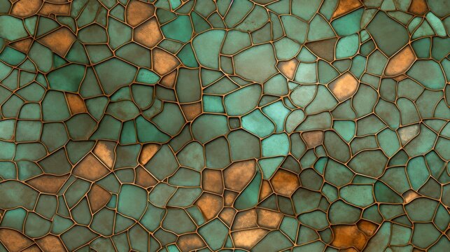 Abstract composition of hammered gold in a voronoi pattern over a green background