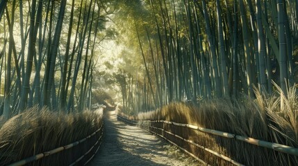 Fototapeta premium The peaceful bamboo groves of Arashiyama, Kyoto, with a path winding through the towering stalks