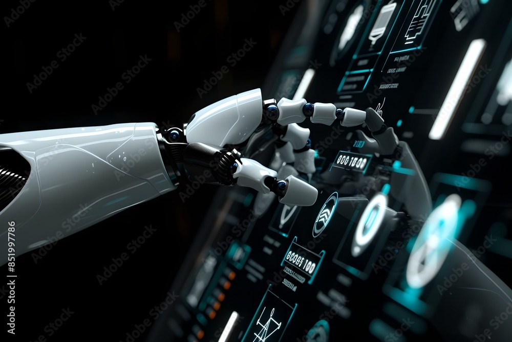 Poster humanoid robot hand interacting with digital screen. future robotic and cybernetic concept. futurist