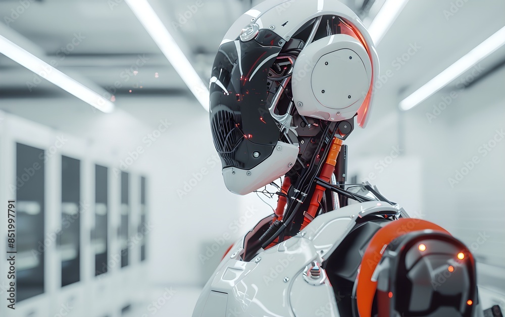Poster humanoid robot in modern laboratory background. future robotic and cybernetic concept. futuristic ar