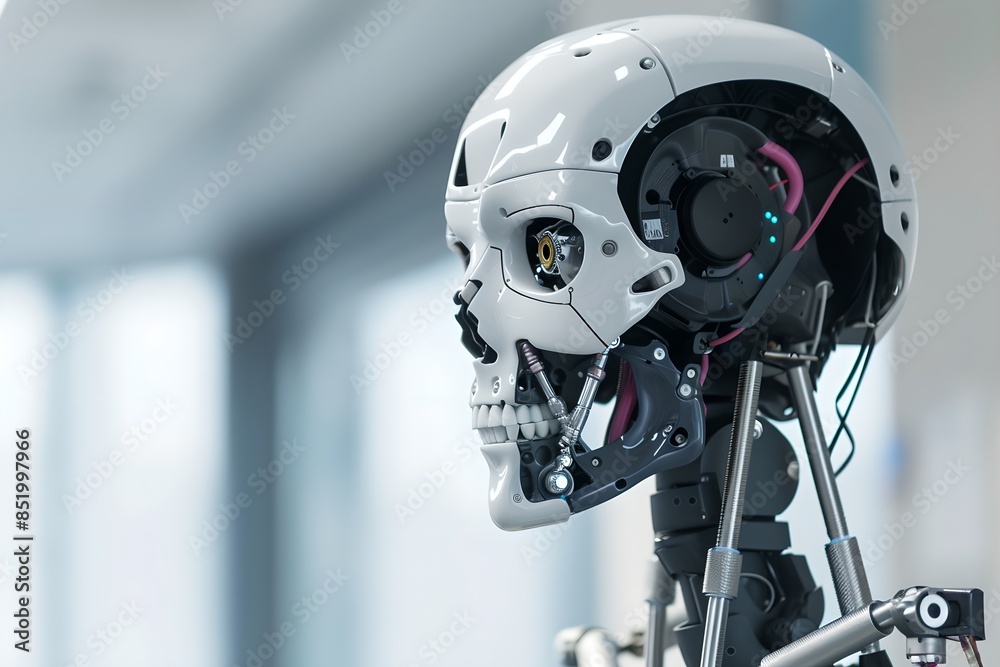 Poster humanoid robot in bright room background. future robotic and cybernetic concept. futuristic artifici