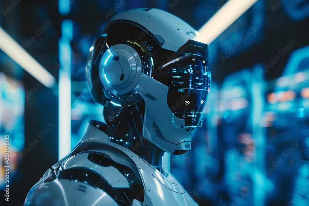 Poster Robot on command center background with digital elements. Future robotic and cybernetic concept. Futuristic artificial intelligence technology and robotization. 