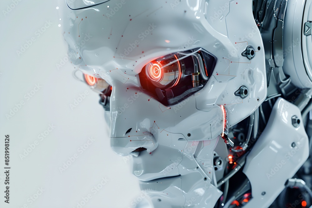Poster close-up of humanoid robot with red eyes on white background. future robotic and cybernetic concept.