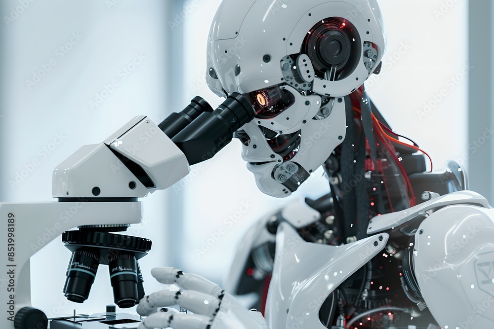 Poster humanoid robot using microscope in modern laboratory. future robotic and cybernetic concept. futuris