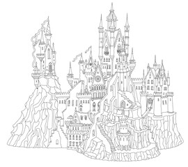 Fototapeta premium castle, coloring book, surrounding wall, fortress, building, house, fantasy, fairy tale, street, panorama, medieval, chateau, architecture, travel, tourism, black and white, city, sketch, town, old, c