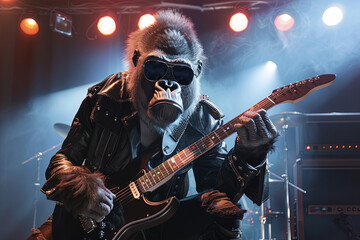 Gorilla in Rocker Kleidung und E-Gitarre in der Hand