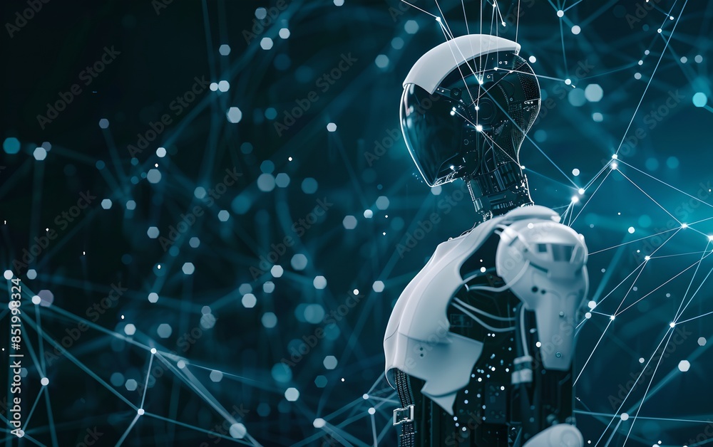 Poster sleek robot with digital connections network on dark background. future robotic and cybernetic conce