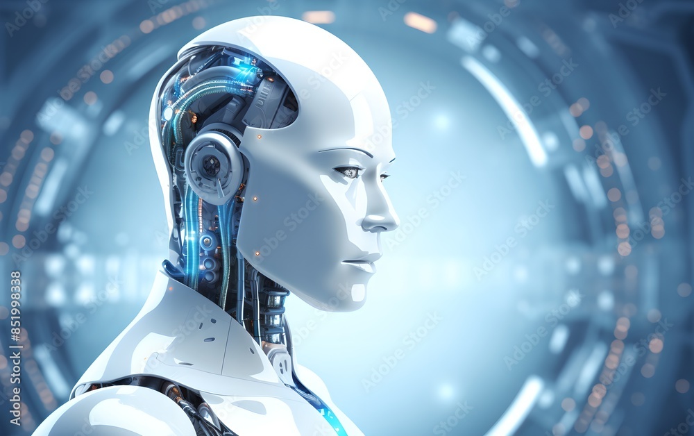 Poster humanoid robot on digital elements interface background. future robotic and cybernetic concept. futu