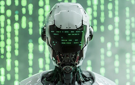 Advanced robot with digital binary code background. Future robotic and cybernetic concept. Futuristic artificial intelligence technology and robotization.