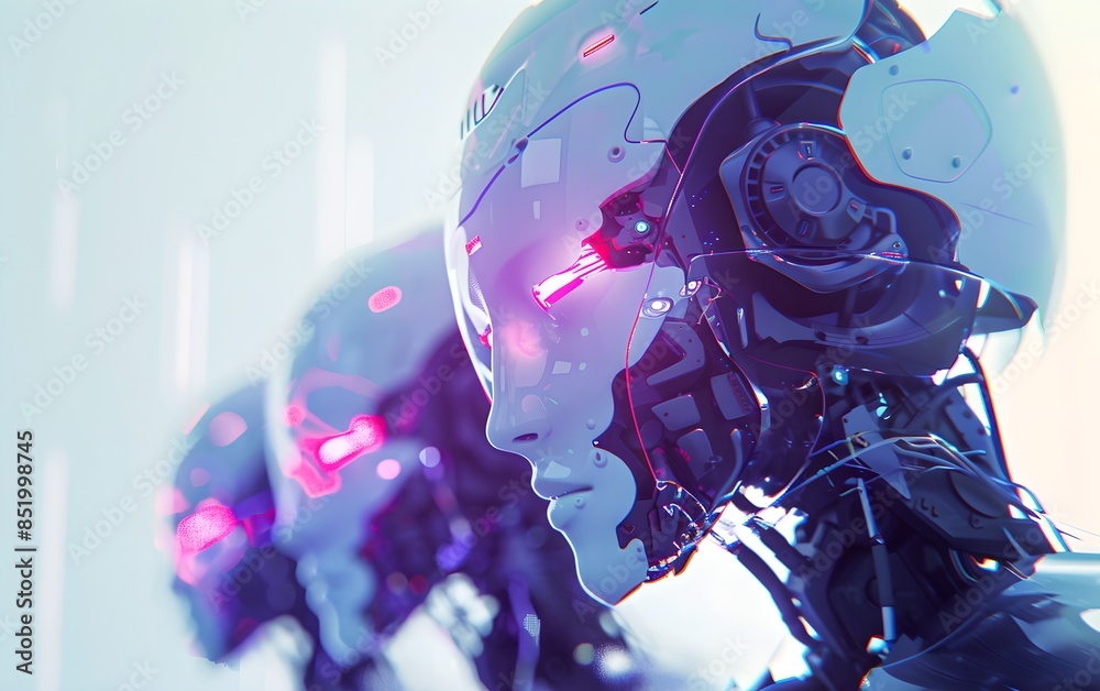 Poster group of humanoid robots with glowing eyes. future robotic and cybernetic concept. futuristic artifi
