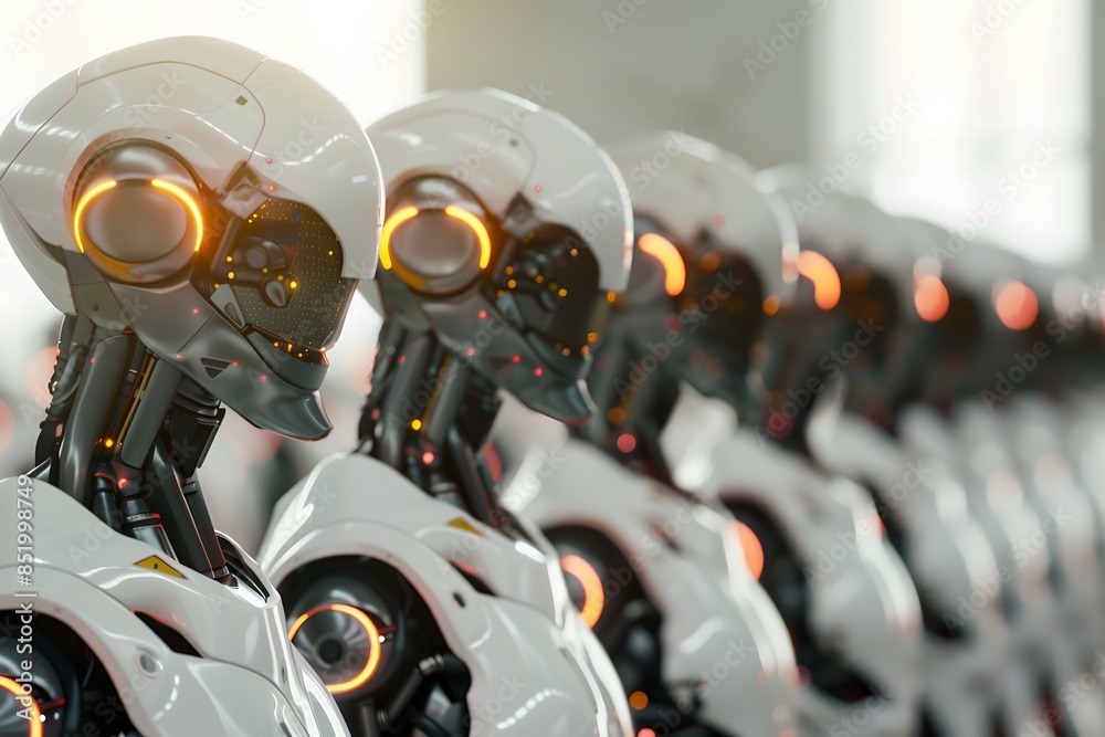 Poster row of advanced robots with glowing elements. future robotic and cybernetic concept. futuristic arti