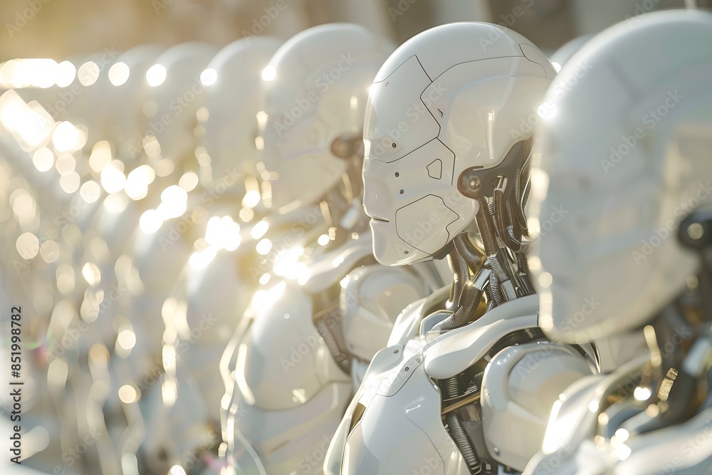 Poster group of advanced sleek robots on bright background. future robotic and cybernetic concept. futurist