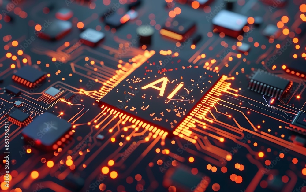 Poster Close-up 3D rendering of a glowing AI chip with intricate circuit patterns and orange light effects, symbolizing advanced technology and artificial intelligence integration.