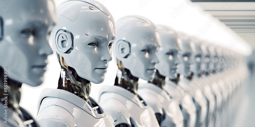 Poster group of humanoid robots in bright hall. future robotic and cybernetic concept. futuristic artificia