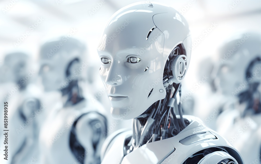 Poster group of humanoid robots on bright background. future robotic and cybernetic concept. futuristic art
