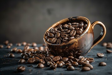 A rustic, brown coffee cup filled with coffee beans is tipped over, spilling beans onto a dark surface. The background is a blurred dark gradient, highlighting the rich texture and color of the beans.
